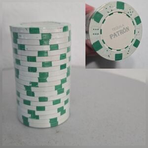 NEW PATRON TEQUILA POKER CHIPS GREEN AND WHITE PATRON LOGO FACTORY SEALED, 20ct